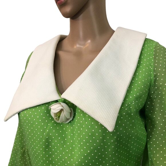 SOLD Vintage 1960s Lilli Diamond Lime Green White Polka Dot Balloon Sleeve Dress - Picture 3 of 13